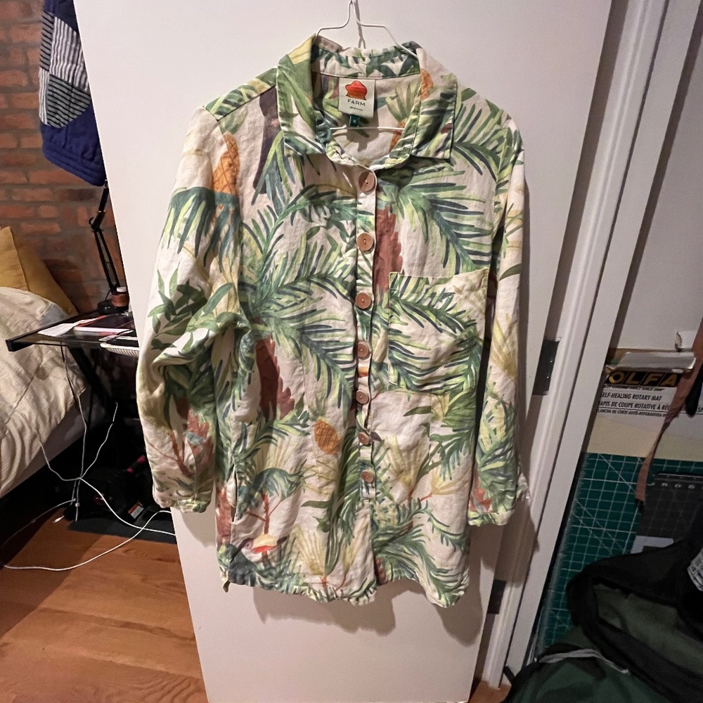 FARM RIO 100% LINEN JUMPSUIT Romper shorts long sleeve LEAVES TROPICAL M READ